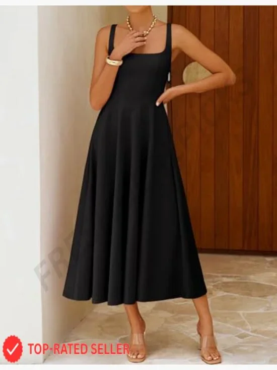 Sleeveless Midi Dress Square Neck Flowy Casual Wedding Guest Beach Elegant - Picture 4 of 7